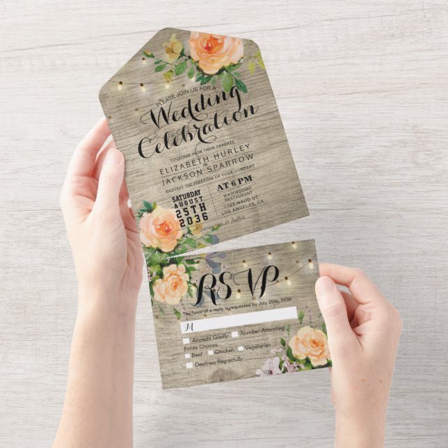Peach Roses Rustic Wood String Lights Wedding RSVP All In One Invitation (Tearaway)