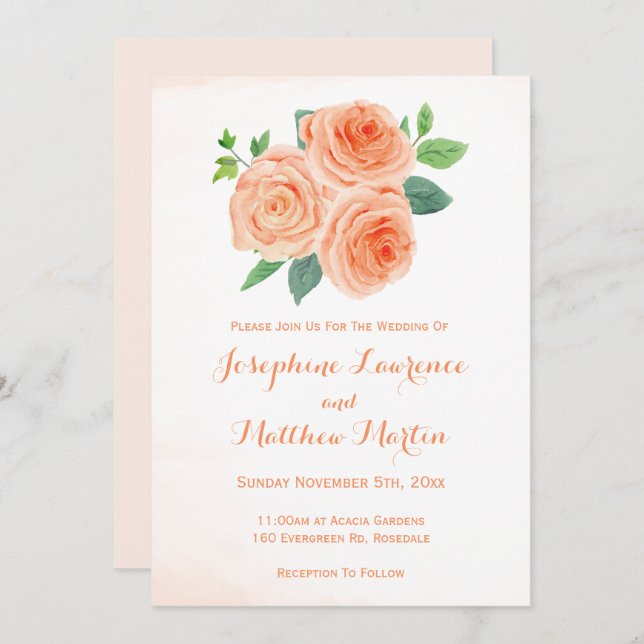 Peach Roses Watercolor Wedding Invitations (Front/Back)