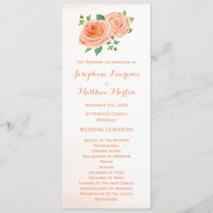 Peach Roses Watercolor Wedding Programs Programme