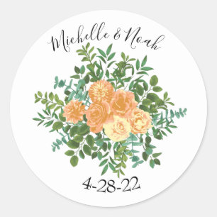 Peach Roses Wedding Floral Spring Classic Round Sticker