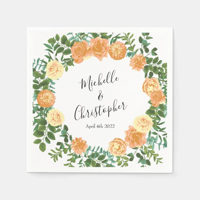 Peach Roses Wedding Floral Spring Napkin (Front)