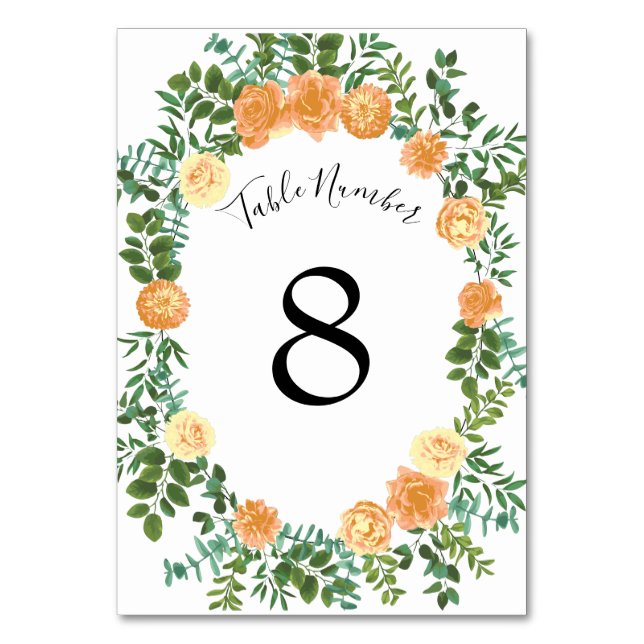 Peach Roses Wedding Floral Spring Table Number (Back)
