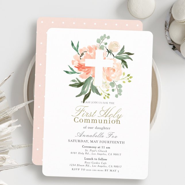 Peach Roses White Cross Girl First Holy Communion Invitation (Creator Uploaded)