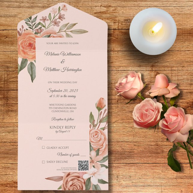 Peach Roses with QR Code All in One Wedding Invite (Creator Uploaded)