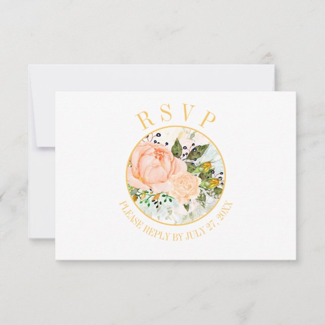 Peach Roses Yellow Rosebuds Circular Frame RSVP Card (Front)