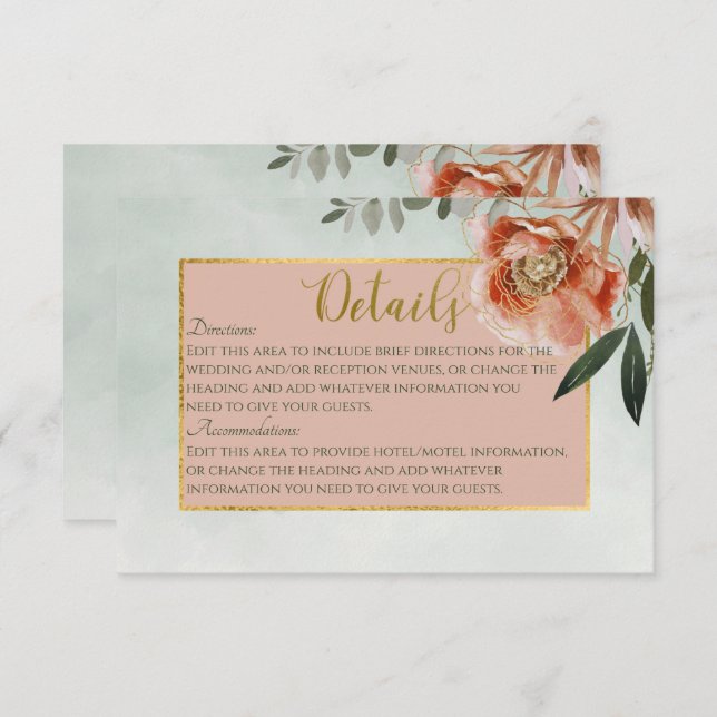 Peach & Rust Flowers on Green Details Wedding Enclosure Card (Front/Back)