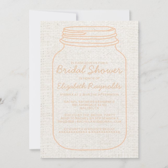 Peach Rustic Burlap Mason Jar Bridal Shower Invite (Front)