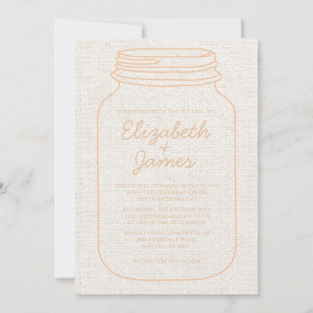 Peach Rustic Burlap Mason Jar Wedding Invitations (Front)