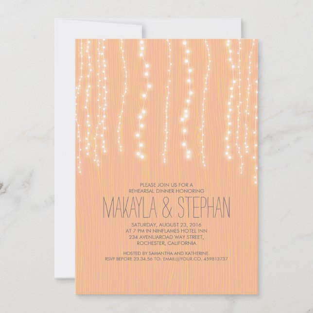 Peach Rustic String of Lights Rehearsal Dinner Invitation (Front)