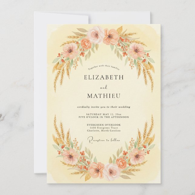 Peach Rustic Wheat Meadow Wedding Invitation (Front)
