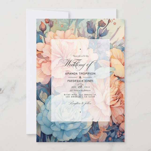 Peach, Sage, and Light Blue Floral Wedding Invitation (Front)