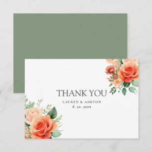 Peach Sage Floral Rose Wedding Thank You Card