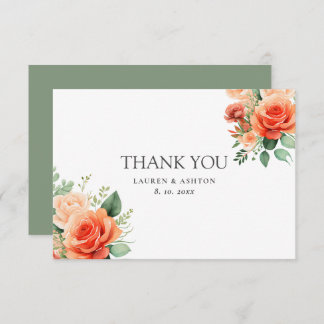 Peach Sage Floral Rose Wedding  Thank You Card