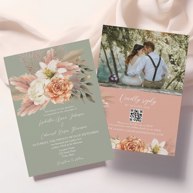 Peach Sage Floral Wedding QR Invitation (Creator Uploaded)