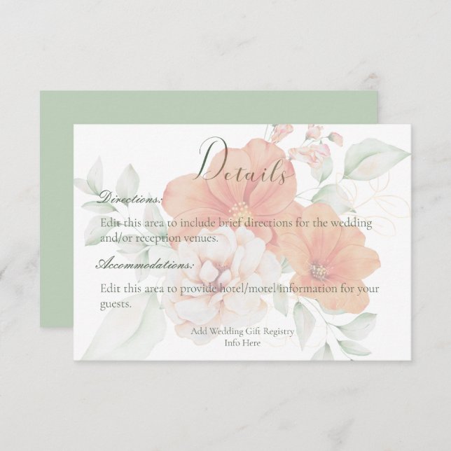 Peach & Sage Green Flowers Wedding Details Enclosure Card (Front/Back)