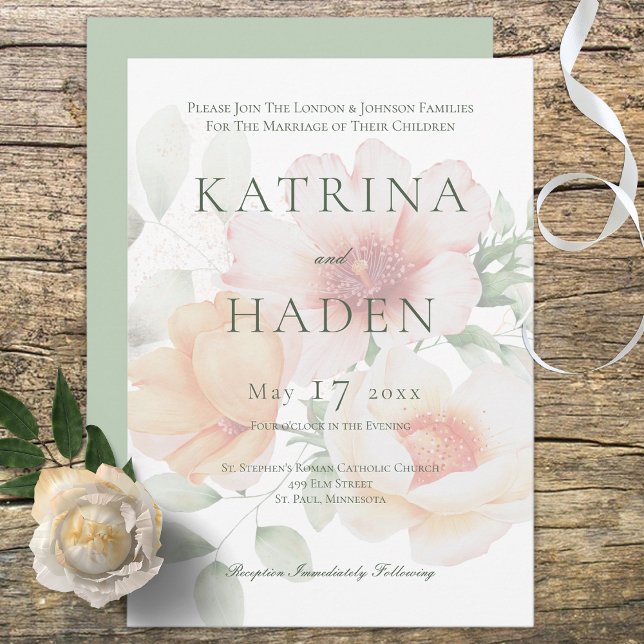 Peach & Sage Green Flowers Wedding Invitation (Creator Uploaded)