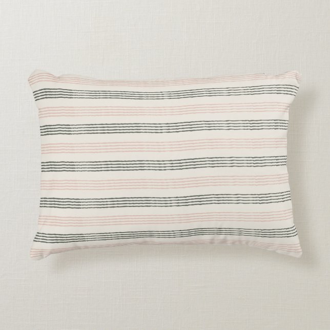 Peach Sage Green Minimalist Stripe Boho  Decorative Cushion (Front)