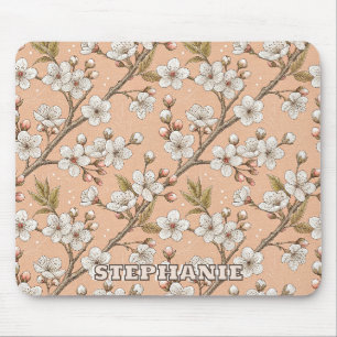 Peach Sakura Branches White Floral Botanical Mouse Pad