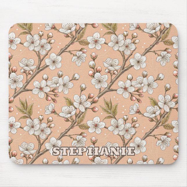 Peach Sakura Branches White Floral Botanical Mouse Pad (Front)