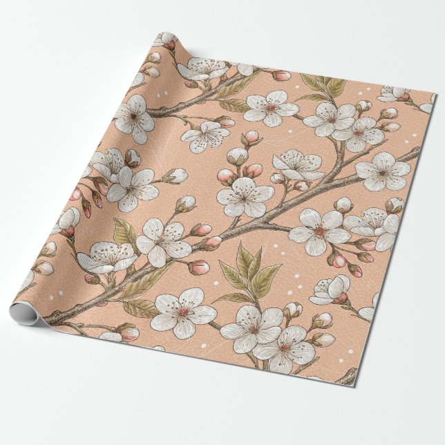 Peach Sakura Branches White Floral Botanical Wrapping Paper (Unrolled)