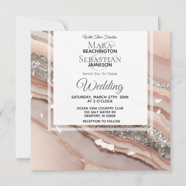 *~* Peach Salmon SILVER AGATE RSVP QR AR66 Wedding Invitation (Front)