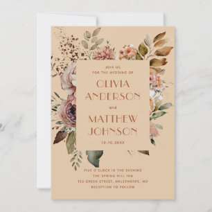 Peach Sand Floral Wedding. Fall Rustic Garden + QR Invitation