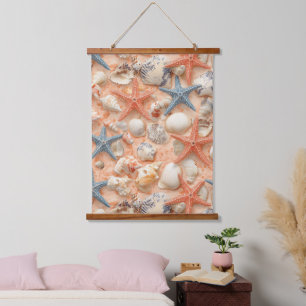 Peach Sand Seashell Starfish Coastal Pattern Hanging Tapestry