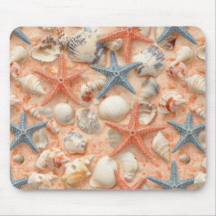 Peach Sand Seashell Starfish Coastal Pattern Mouse Pad