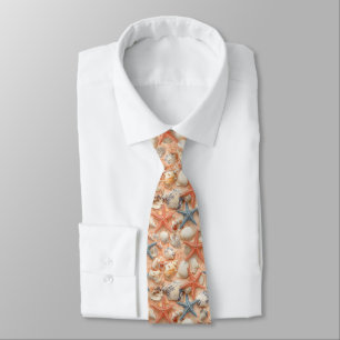 Peach Sand Seashell Starfish Coastal Pattern Tie