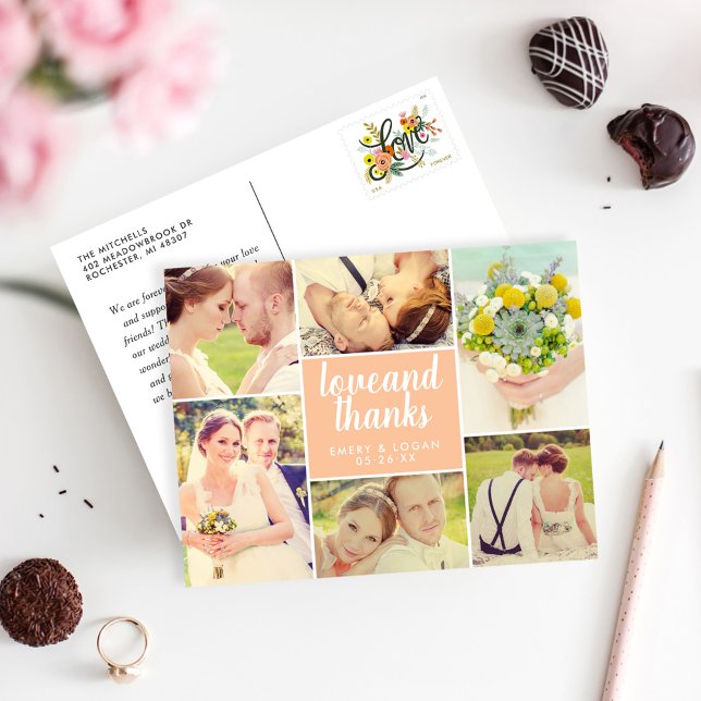 Peach Script Love and Thanks Photo Collage Postcard (Creator Uploaded)