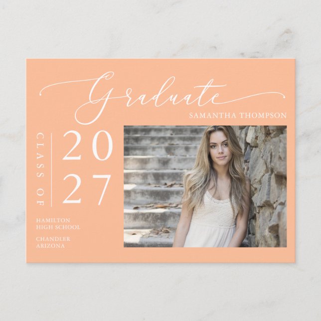 Peach Script School Graduate Announcement Photo Postcard (Front)