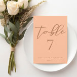 Peach Script Summer Wedding Table Number Card<br><div class="desc">Peach is the new trending colour for summer wedding decor. Our sweet peach table number card features elegant light brown script for a trendy,  minimalist event in the afternoon for a feminine bride who loves to stay current and modern.</div>