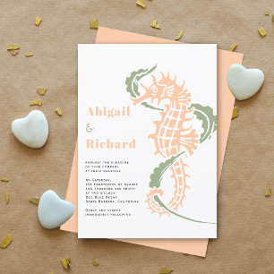 Peach seahorse with sage green seaweed wedding invitation