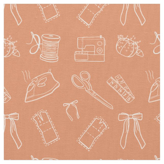 Peach Sewing Themed Pattern Fabric (Close Up)