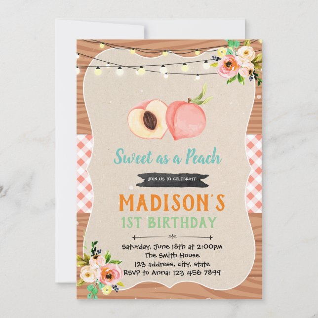 Peach shower birthday party invitation (Front)