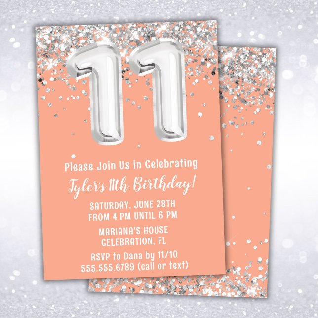 Peach Silver 11th Birthday Party Invitation (Creator Uploaded)
