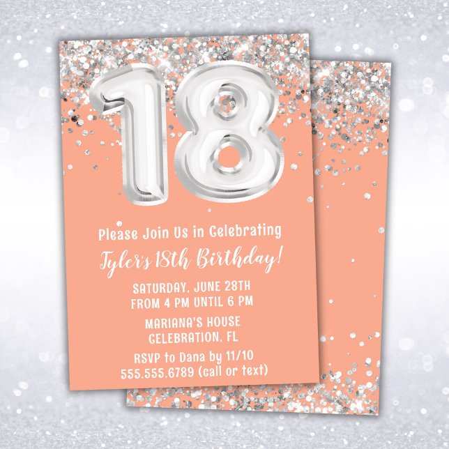 Peach Silver 18th Birthday Party Invitation (Creator Uploaded)