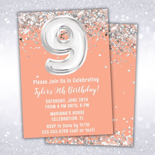 Peach Silver 9th Birthday Party Invitation (Creator Uploaded)