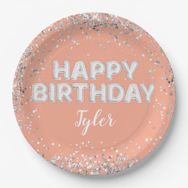 Peach Silver Birthday Party Paper Plate (Front)