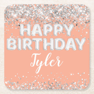 Peach Silver Birthday Party Square Paper Coaster