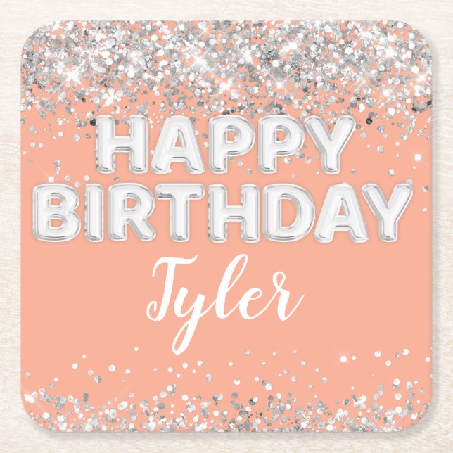 Peach Silver Birthday Party Square Paper Coaster (Front)