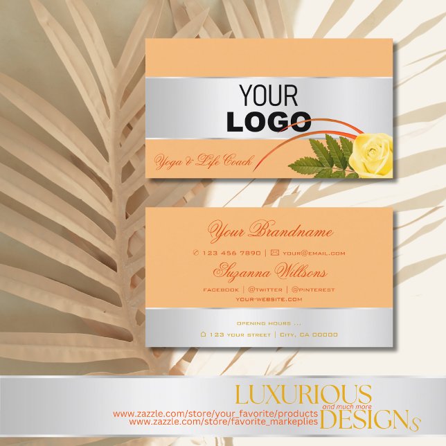 Peach Silver Decor Gorgeous Rose Flower with Logo Business Card (Creator Uploaded)