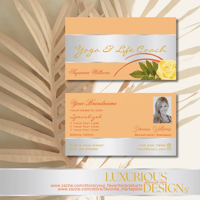 Peach Silver Decor Gorgeous Rose Flower with Photo Business Card (Creator Uploaded)