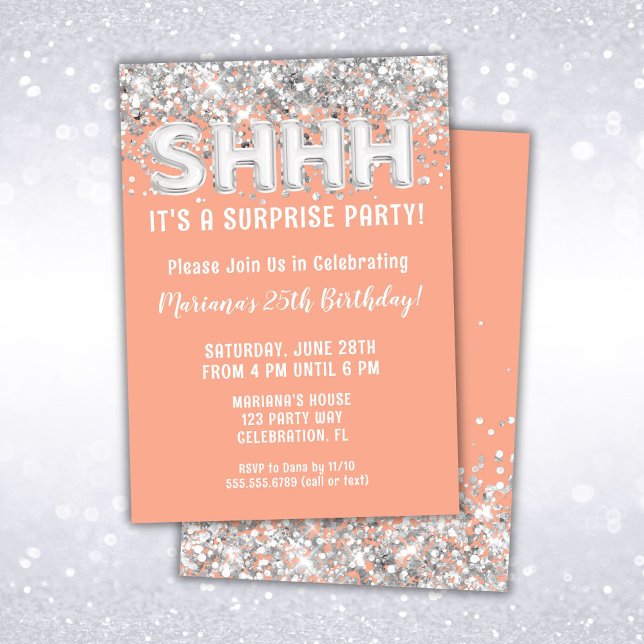 Peach Silver Glitter Surprise Birthday Party Invitation (Creator Uploaded)