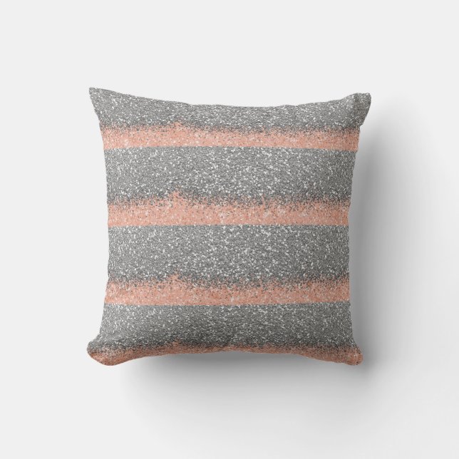 Peach Silver Grey Glitter Metallic Shiny Stripes Cushion (Front)