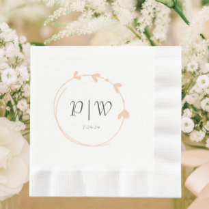 Peach Simple Heart Wreath Monogram Wedding Napkin