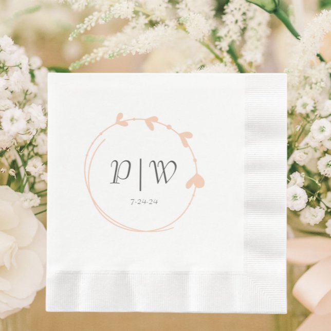 Peach Simple Heart Wreath Monogram Wedding Napkin (In Situ Wedding)