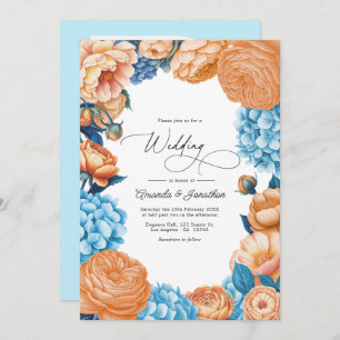 Peach & Sky Blue Watercolor Floral Wedding QR Code Invitation