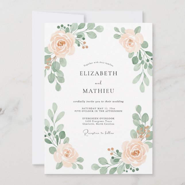 Peach Soft Romantic Botanical Wedding Invitation (Front)