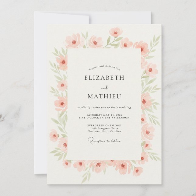 Peach Soft Watercolor Floral Wedding Invitation (Front)